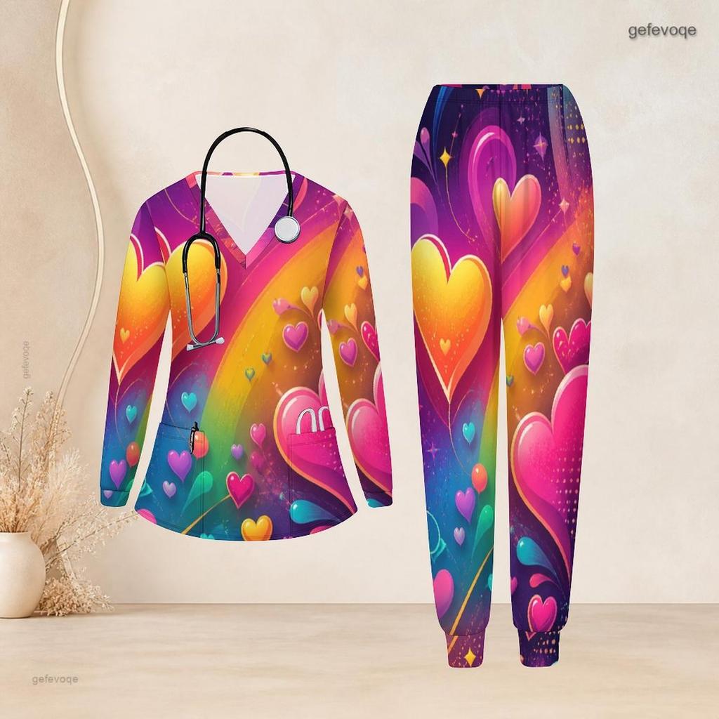 Women Plus Size V Neck Long Sleeve Scrub Set Colorful Rainbow Gradient Heart Print Nurse Uniform Set