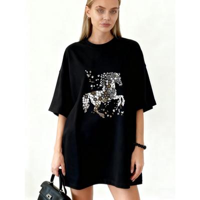 Übergroßes T-Shirt Kleid Schwarzes Pferd Musterdruck Lässig Streetwear Mode Damen Oberteil