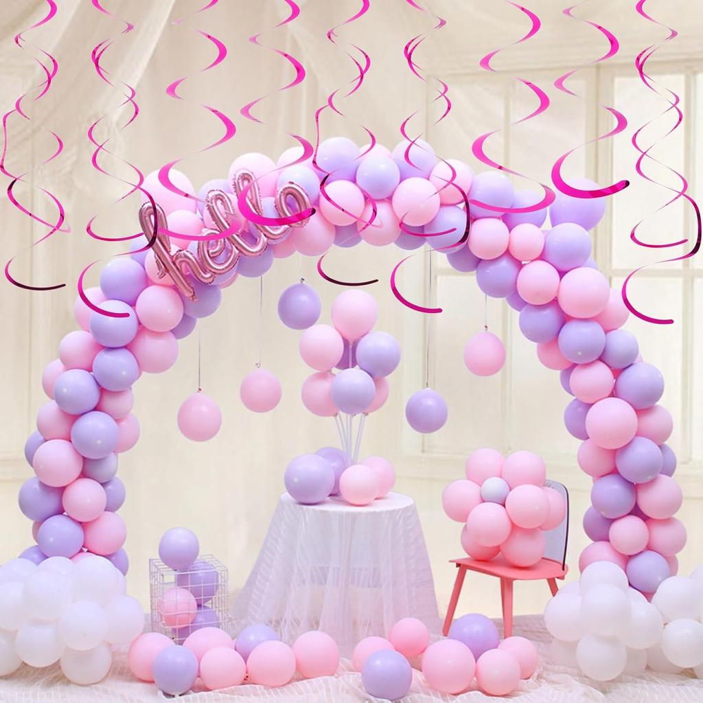 Fumwase 30 PCS Party Swirl Decorations Hot Pink Shinny Foil Hanging Swirl Decorations with Double-Swirls and Single-Swirls Plastic Streamer for
