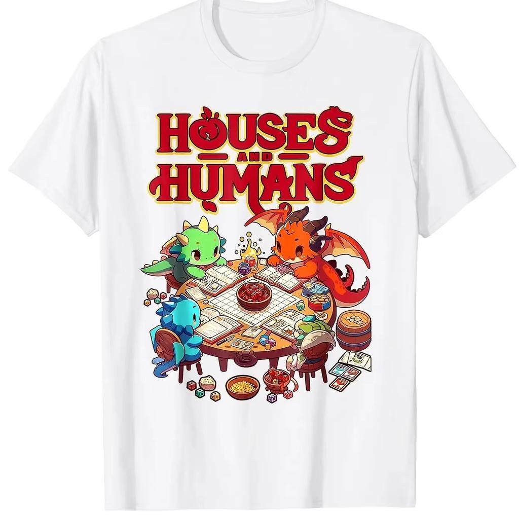 Fun Dungeons&Dragons Inspired Summer Men's T-shirt House&Humans RPG Parody Game Player Tees with Dragon and Wizard Battle Design