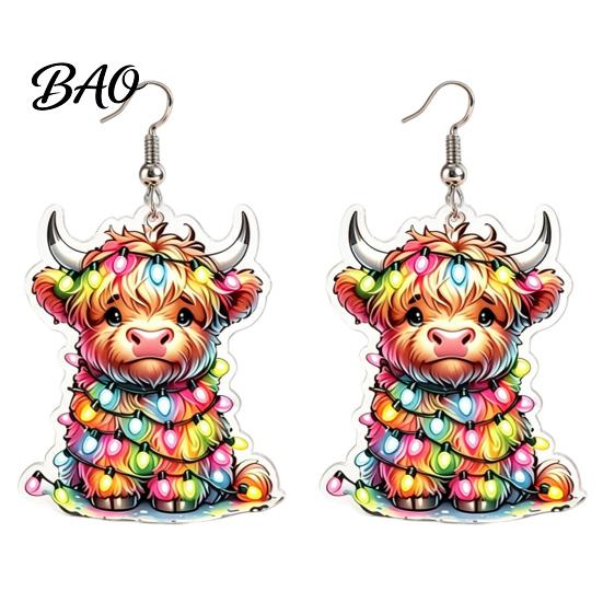Fun Daily Wear Accessories 1 Pair Acrylic Highland Cow Christmas Earrings for Women, Cute Scottish Cattle Holiday Gift Her Dangle Drop Earrings,