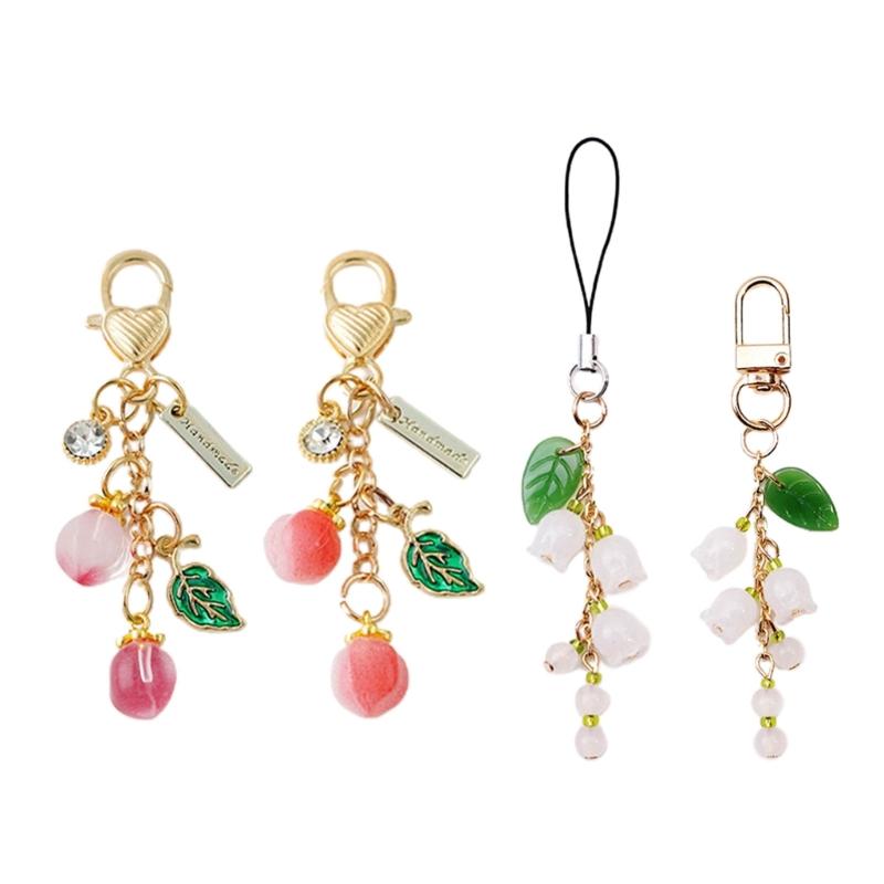 Mobile Phone Lanyard Cute Peach Fruit Phone Charm Couple Keychain Bell Orchids Flower Keyring for Keys Hangings Charm
