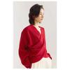 Cross V-neck Lantern Sleeve Knitted Sweater for Women Spring and Autumn New Red Inner Bottoming Lazy Top