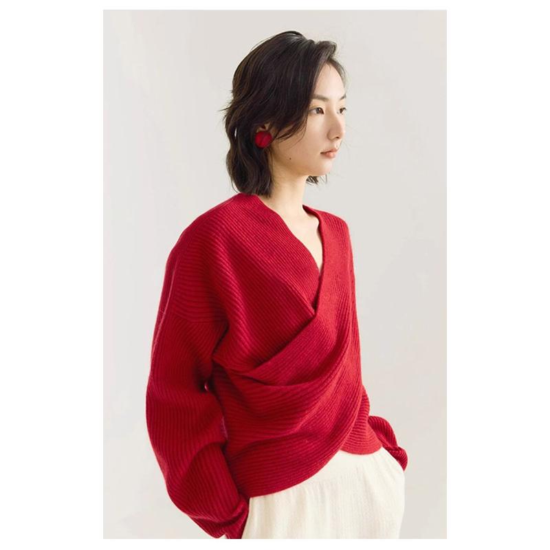 Cross V-neck Lantern Sleeve Knitted Sweater for Women Spring and Autumn New Red Inner Bottoming Lazy Top