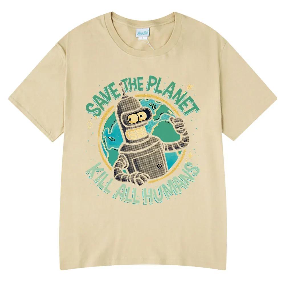 Nuevas Camisetas Divertidas de Moda Caliente Salva el Planeta Mata a Todos los Humanos Estampado de Robot para Hombre y Mujer Manga Corta Algodón Oversize