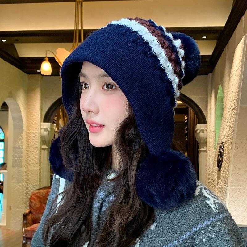 New Jacquard Wool Hat Women's Autumn and Winter Ear Protection Warm Cold Hat Cute Hairball Knitted Hat Big Head Circumference
