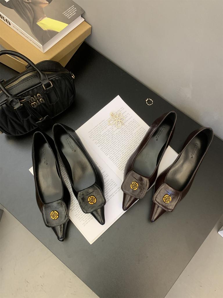 Flat Bottom Pointed French Small Fragrant Single Shoes Women's Shoes 2025 New Spring Temperament Light Mouth Black Commuter Ladyshoes