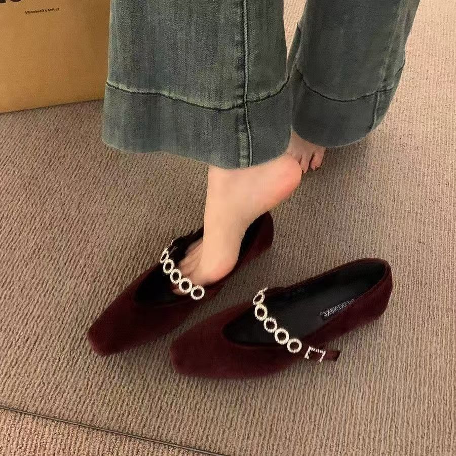 Retro Square Head with Rhinestone Evening Shoes Thick Middle Heel Suede Mary Jane Shoes Increase Height New Autumn and Winter Models