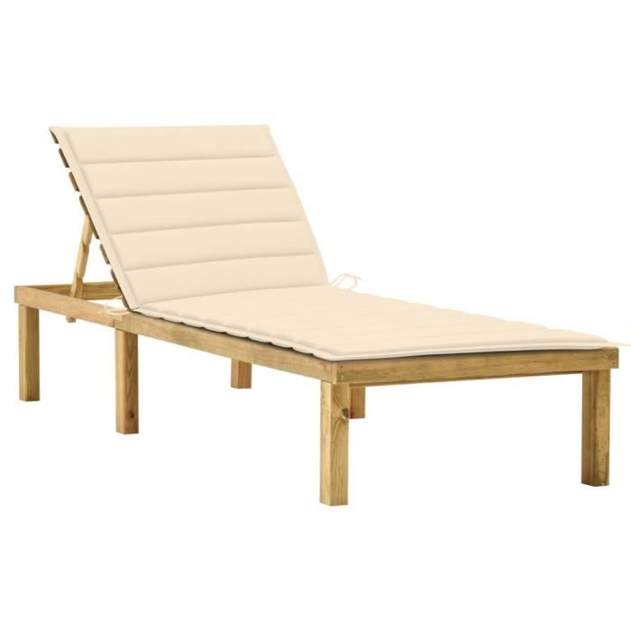 Chaise longue en bois de pin imprégné avec coussin crème - vidaXL