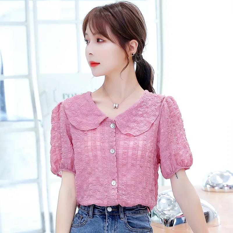 Summer Loose Solid Color Short-sleeved Doll Collar Chiffon Shirt Top Women