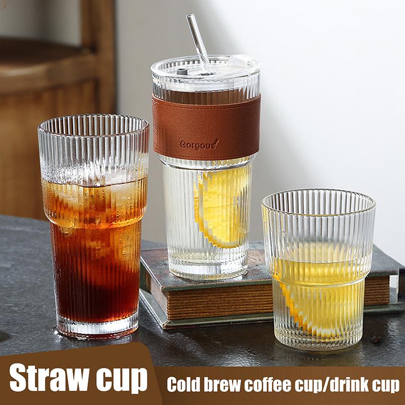 High Profile Horizontal Glass Straw Vertical  Cup With Lid Water Cup Iced Americano Latte Cup