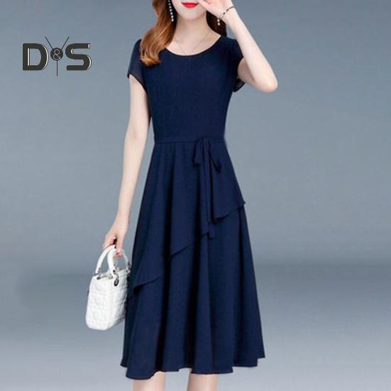 Lady Summer Dress A-line Patchwork Midi Dress O Neck Short Sleeves Lace-up Waist Solid Color Dress for Dating Parties Commuting