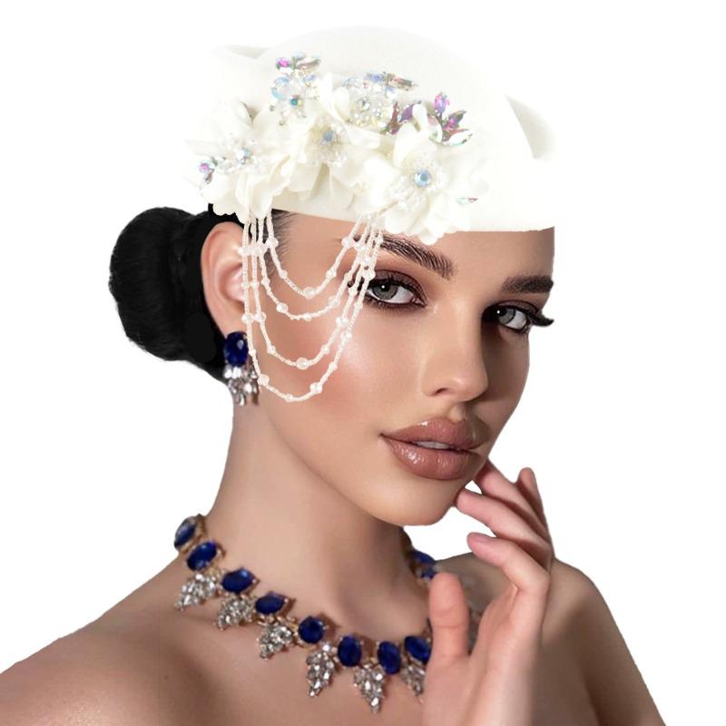 

European American Retro British Felt Turban Hat Women s Church Derby Rhinestone Tassel Beret Hat белый
