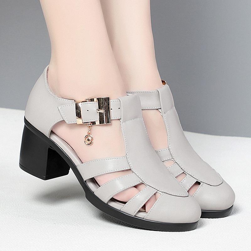 Fashion GKTINOO Genuine Leather Shoes Gladiator Sandals For Women Large Size Non-slip High Heel Sandals Summer Ladies Shoes