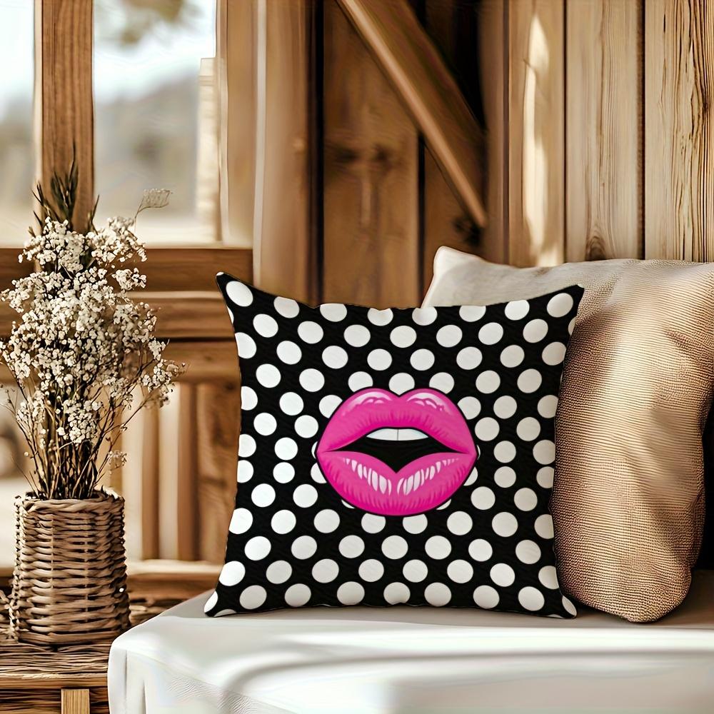 1Pc Trendy Hot Pink Lips Pillow Cover, 2D Double-Sided Print Polyester Pillowcase, Y2K Polka Dot Decor, Cool Gift For Teens & Gi