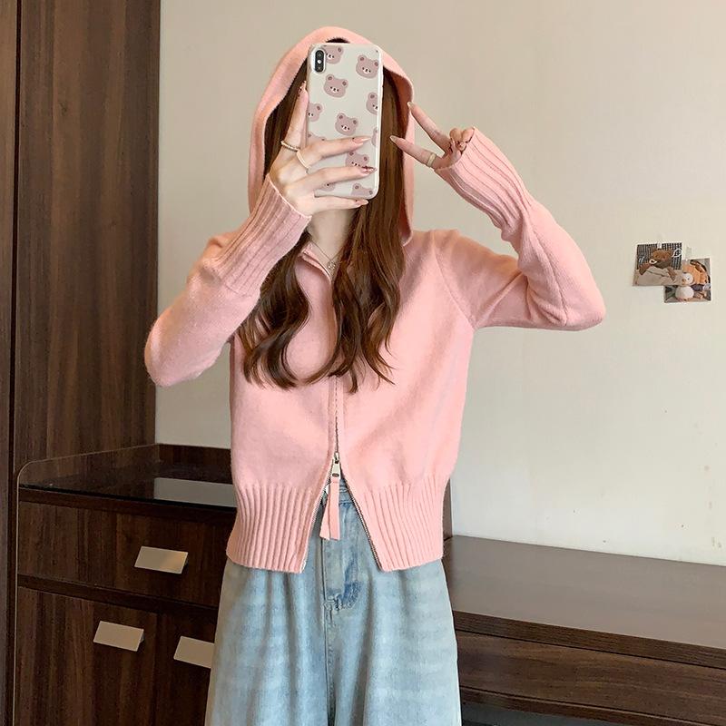 Arctic Fleece Pink Double Zipper Hooded Knitted Sweater Women s Autumn and Winter 2025 Cardigan Jacket Warm Sweater one size fits all розовый 3190₽