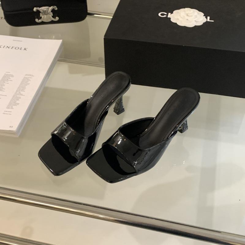 2025 spring and autumn new fashion patent leather high-heeled cool slippers thin-heeled square-headed open-toed one-word slippers