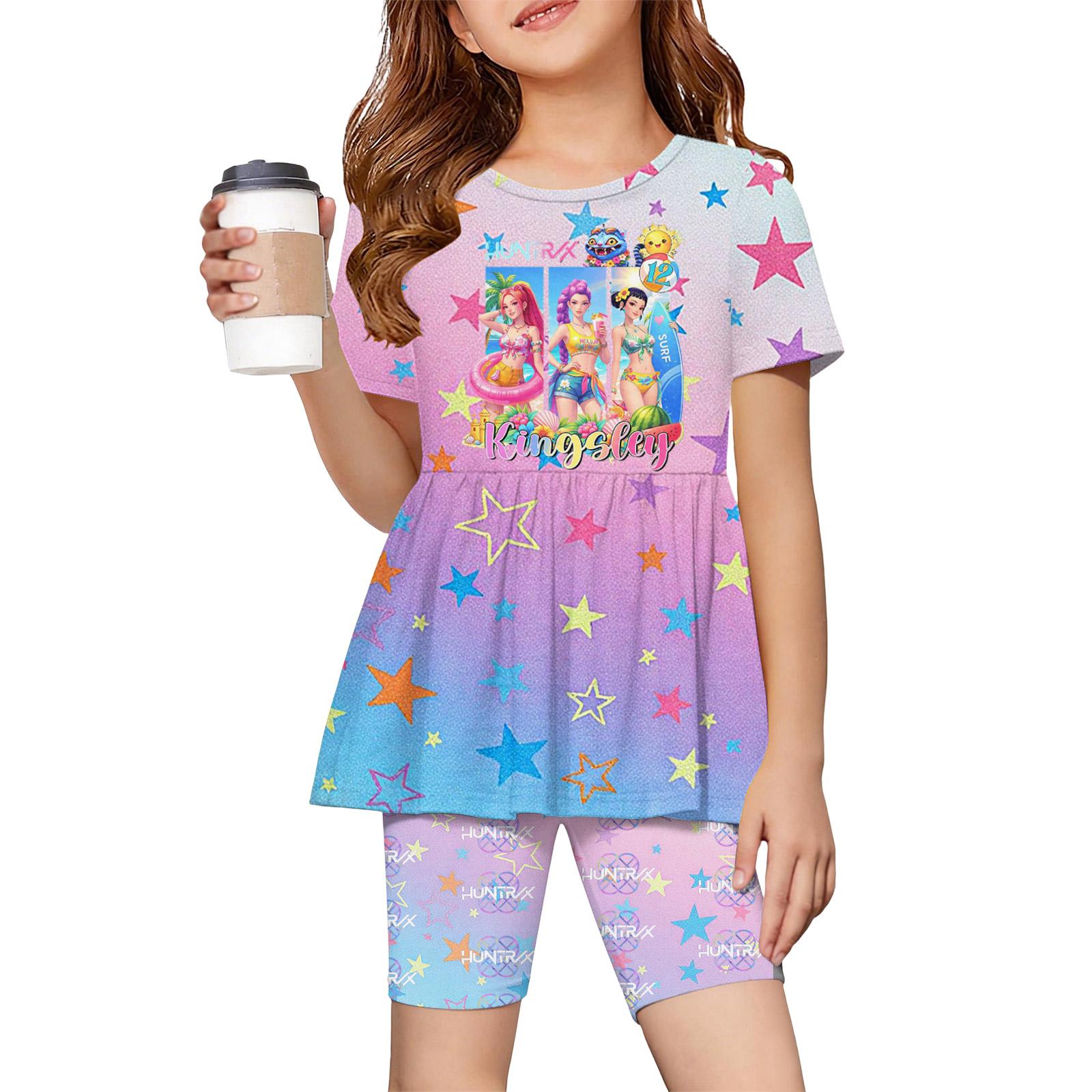 

Fashionable Girls Summer Set Short Sleeved Ruffled Hem Top+Shorts 150 кавун червоний колір