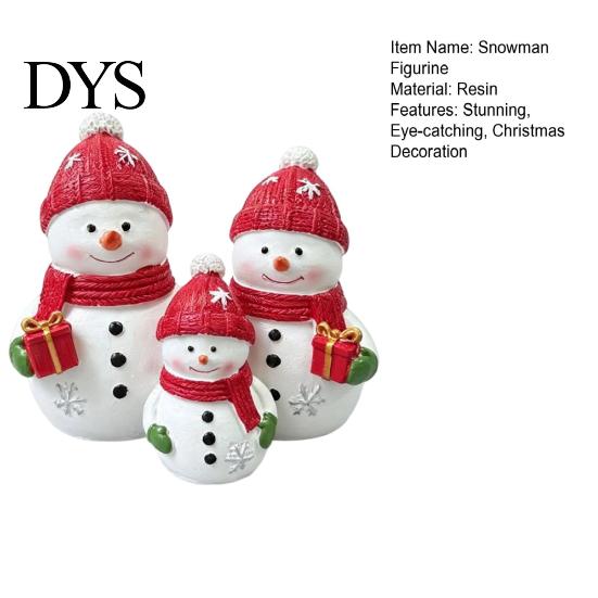 Snowman Family Statue Christmas Resin Figurine, Cute of 3 with Santa Holiday Atmosphere Decor Hat, Red Scarf, Tabletop Ornament for Indoor Mantel,