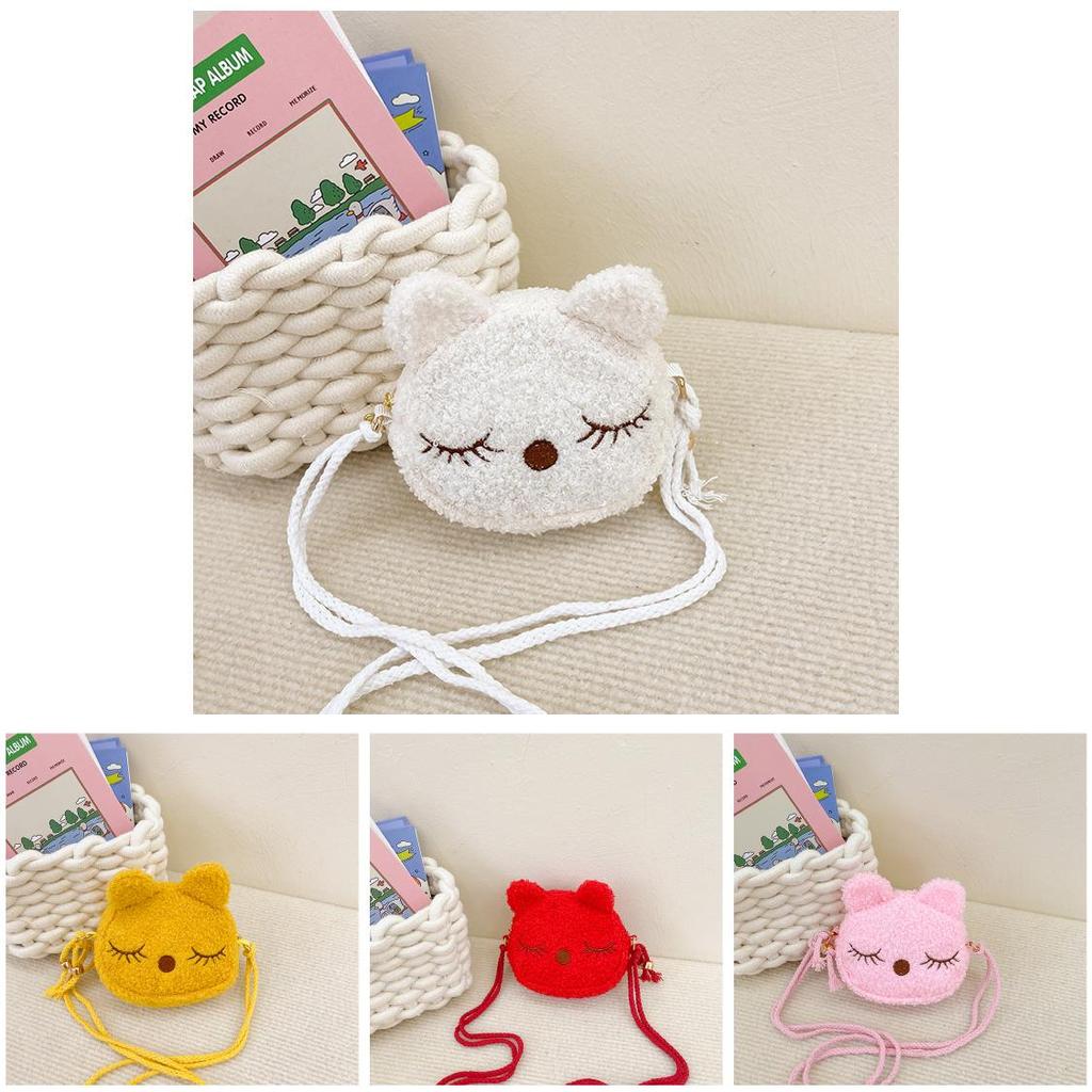 Childrens Plush Cat Shoulder Bag With Zipper Pocket For Daily Use