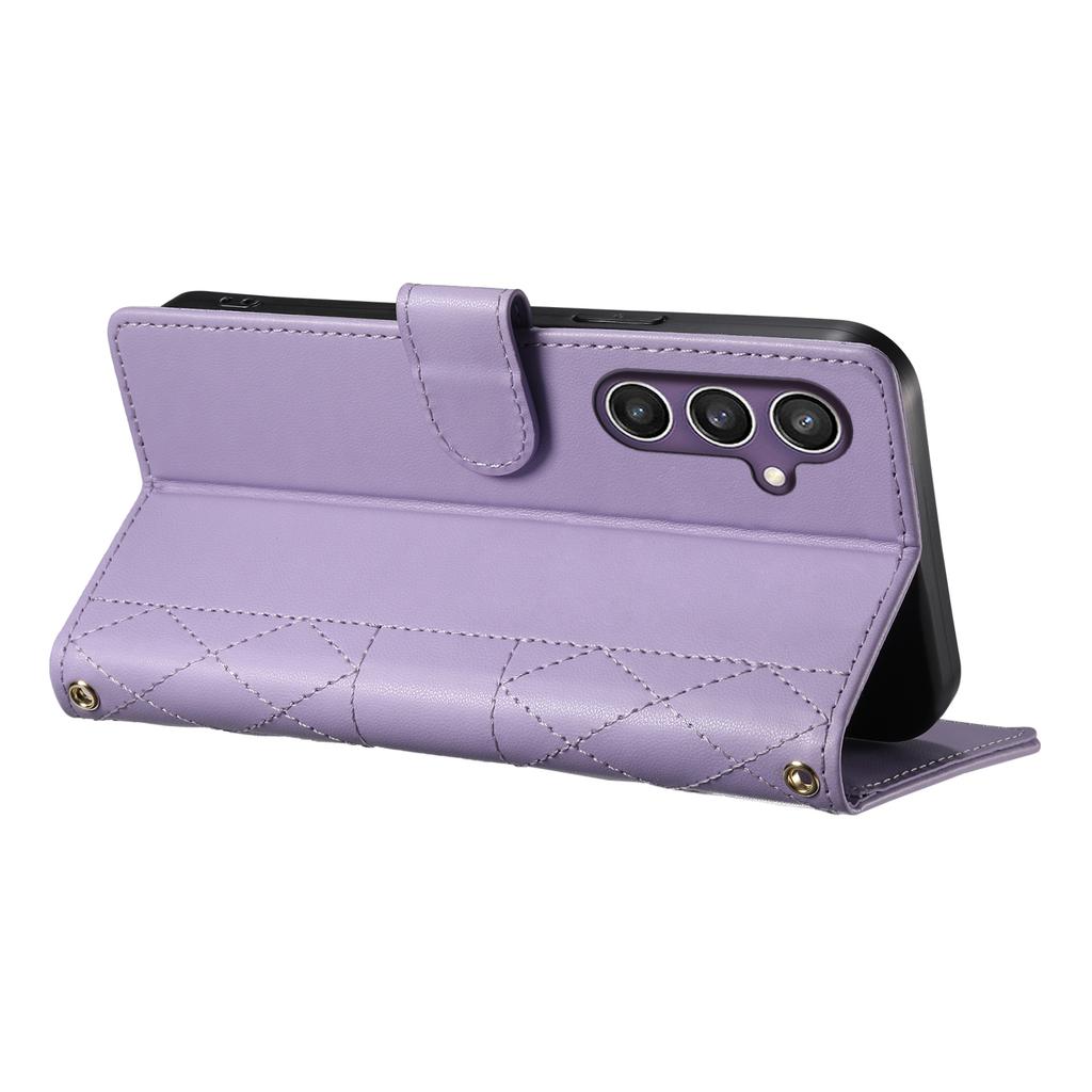For Samsung Galaxy S23 FE Case Rhombus Stitching Wallet Stand Leather Phone Cover with Long/Short Strap