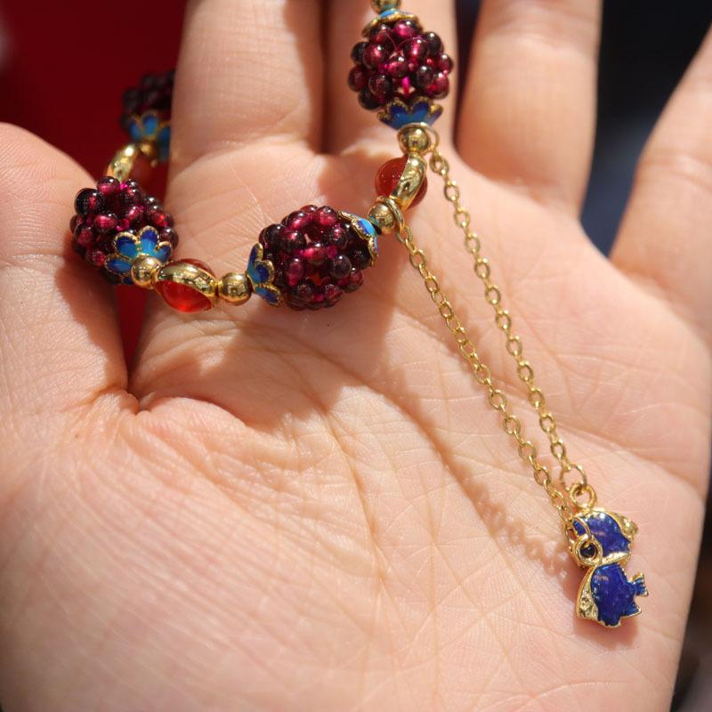 Vintage Garnet Beaded Bracelet, Gold-Plated Enamel & Turquoise Stone Adjustable Bracelet