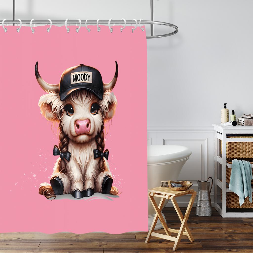 1pc Cartoon Highland Cow Print Waterproof Shower Privacy Hanging Curtain with 12 Hooks, Multiple Sizes Machine Washed