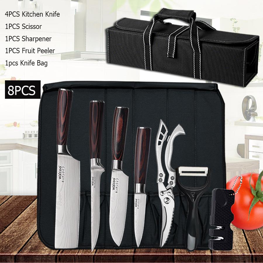 WXCOO Japanese Knife Set with Knife Bag Kitchen Knives Damascus Laser Fish Fillet Meat Cleaver Fruit Peeler Santoku Cutter