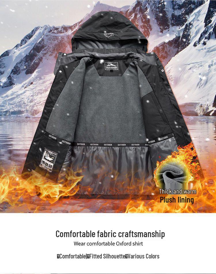 Men's Windproof Waterproof Fleece-Lined Jacket with Removable Hood for Autumn and Winter - Stain-Resistant Outdoor Mountaineering Outerwear.