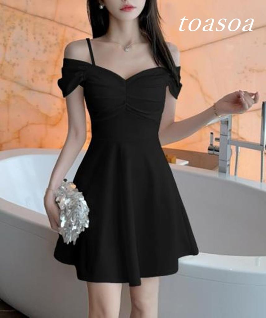 Toa Soa Mini Flared Dress Women's Off-the-Shoulder High-Waisted (M, Black)