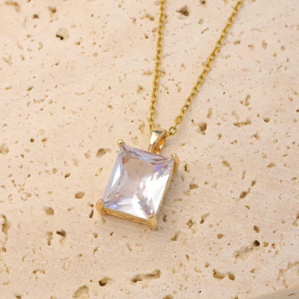 1 Piece Simple Square Zirconia Pendant Necklaces for Women Golden Stainless Steel Necklace Jewelry Party Accessories