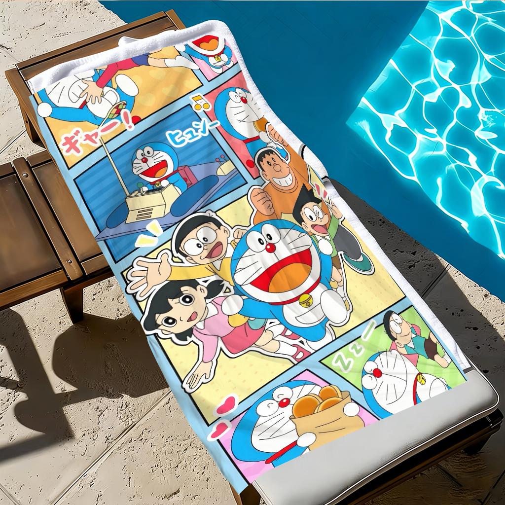 Doraemon Comic Strip Beach Towel, Nobita Shizuka Gian Suneo Anime Microfiber Quick Dry Sand-Free Summer Swim Towel