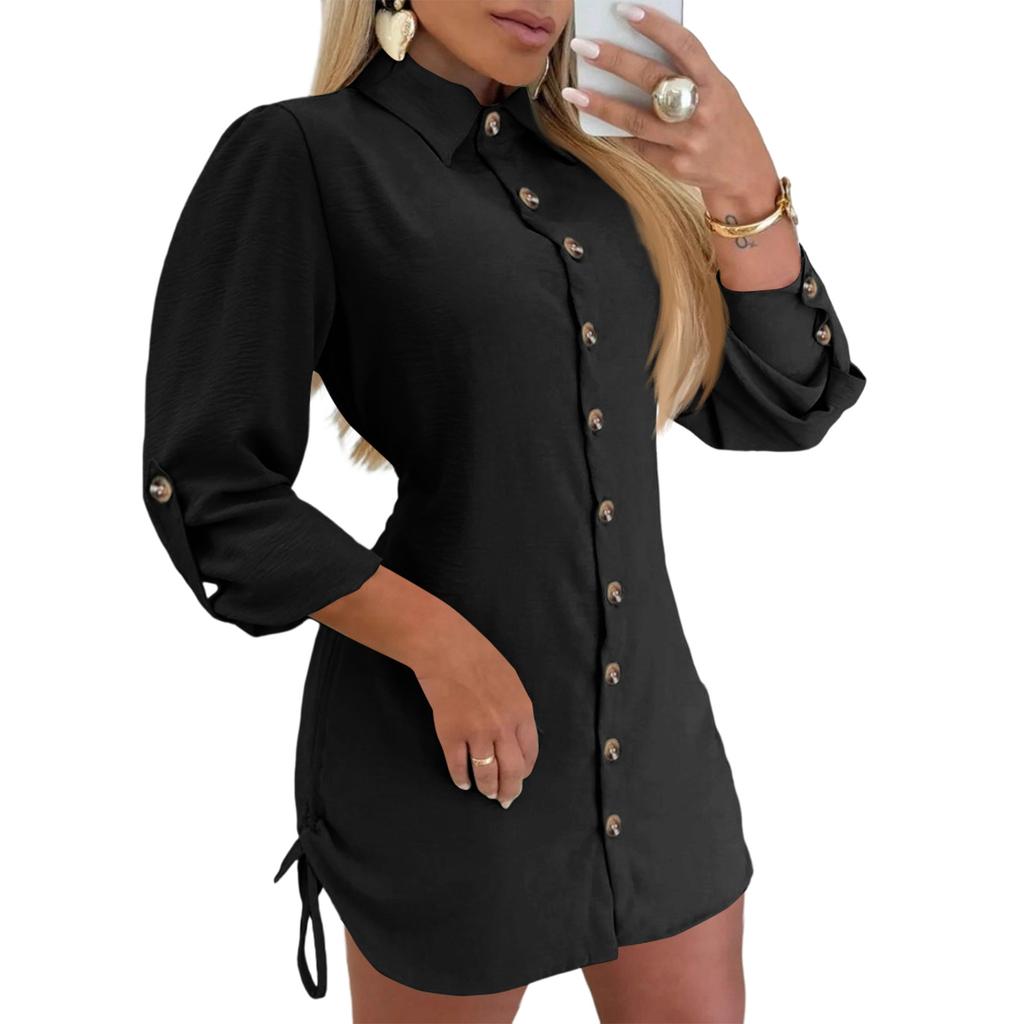 Women's Fashionable And Versatile Long-Sleeved -Color Drawstring Dress