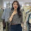 Korean-Style Rhinestone V-Neck Striped T-Shirt, Women's 2025 Summer Three-Quarter Sleeve, Slimming, Mature Design