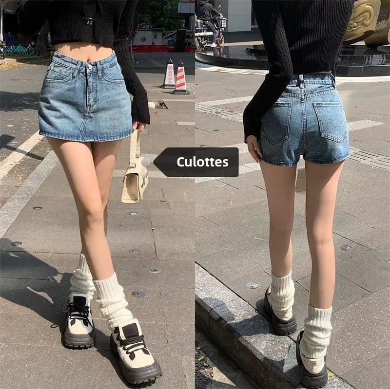 High-Waist A-Line Denim Skirt Shorts for Women - Summer Slim Fit with Anti-Exposure Split Design