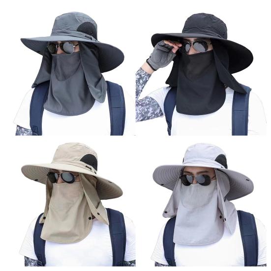 Men Fisherman Hat Wide Brim Breathable Mesh Design Quick-Drying Bucket Hat with Neck Shawl Face Guard Outdoor Fishing Hat