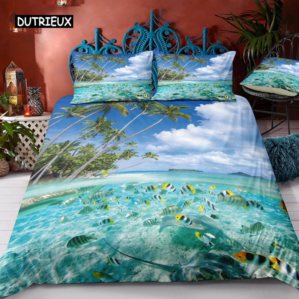 3Pcs Bedding Sets 3D Digital Printing Quilt Duvet Cover Set Landscape Sea Surface Beach Home Queen King Quilt Pillowcase