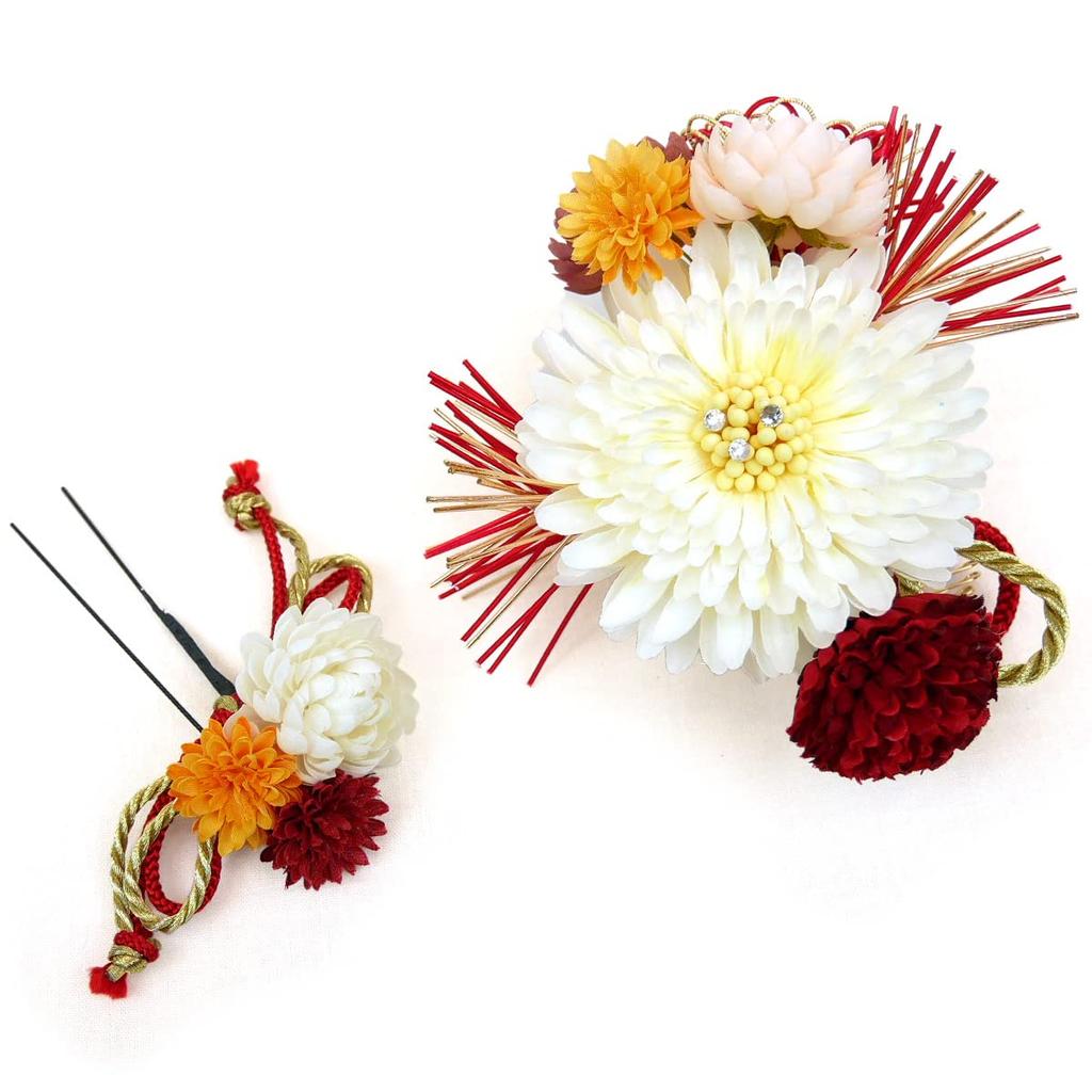 Hair ornament 2 piece set furisode coming of age ceremony chrysanthemum mizuhiki white red wk-335