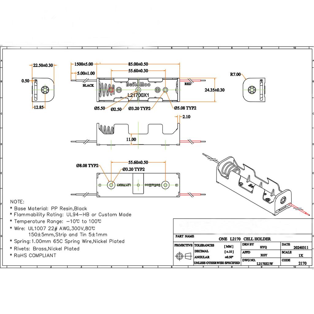 1Slot 21700 Battery Holder 21700 Battery Storage Box 21700 Case With Leads /With Pin/With Terminals