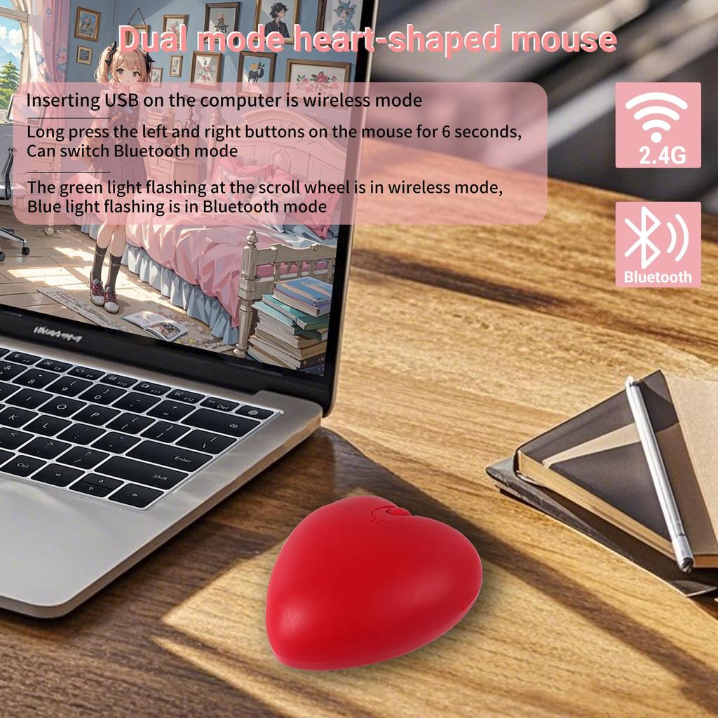 Cute Heart-Shaped Bluetooth Wireless Mouse, 2.4GHz and USB Compatible, Compact, Lightweight, Portable for Women and Kids, Compatible with iOS,