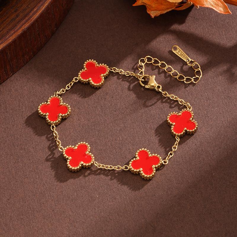 Four-Leaf Clover Jewelry Set: Durable Titanium Steel Earrings, Ring, Bracelet, and Necklace in Trendy 13mm Double-Sided Design.