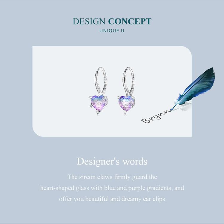 BAMOER 925 Sterling Silver Blue and Purple Gradual Changing Glass Heart Hoop Earrings for Women Sweet Romantic Jewelry
