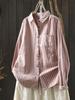 2026 Spring Women's Long Sleeve Retro Vertical Striped Cotton Gauze Shirt