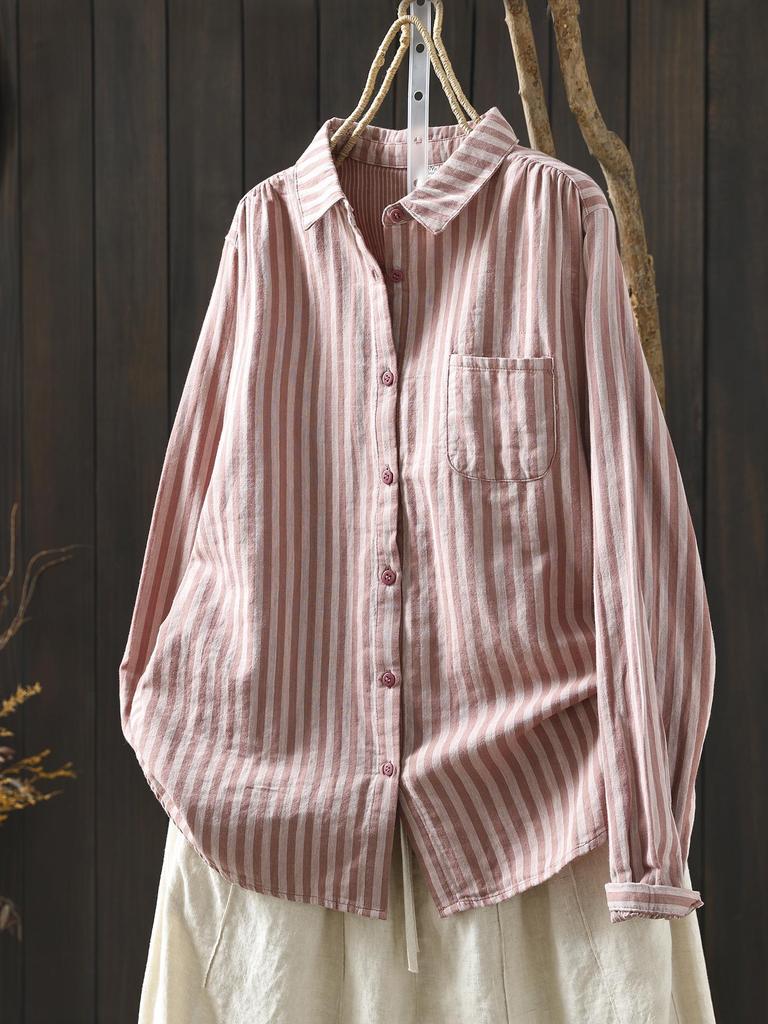 2026 Spring Women's Long Sleeve Retro Vertical Striped Cotton Gauze Shirt