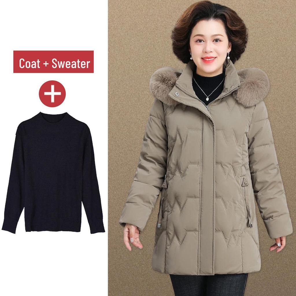 2025 Women's Stylish Hooded Mid-Length Winter Coat: Warm, Cotton-Padded Jacket for Middle-Aged and Elderly