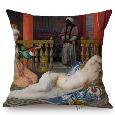 Neoclassical World Famous Oil Painting Jean Ingres Nepoleon The Source La Grande Odalisque Sofa Pillow Case Linen Cushion Cover