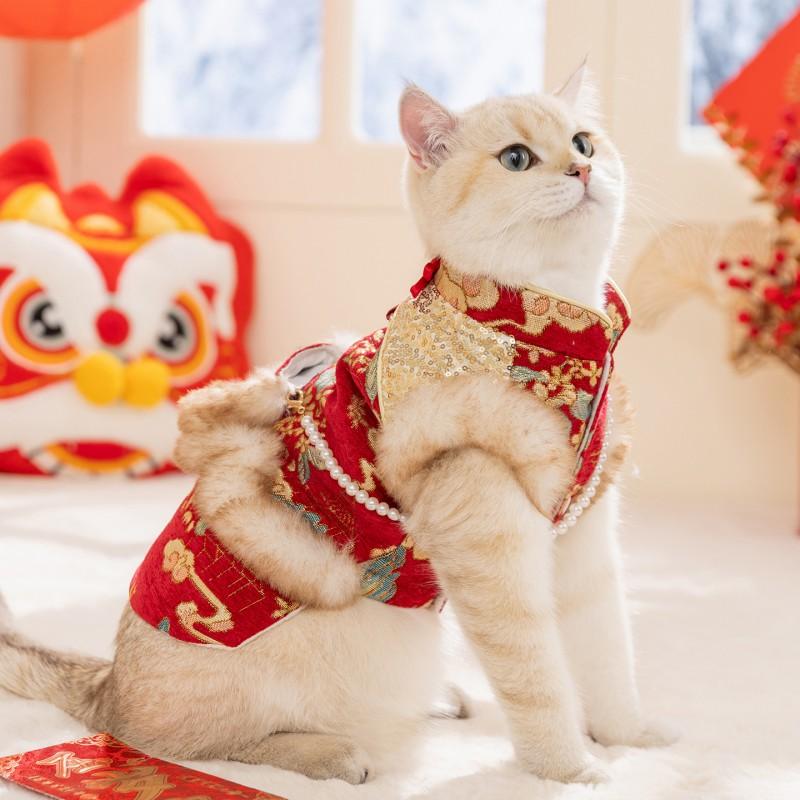 Pet Cat Dog Winter Warm Chinese Style Dress With Button Knot Design Festive New Outfit Small Pets