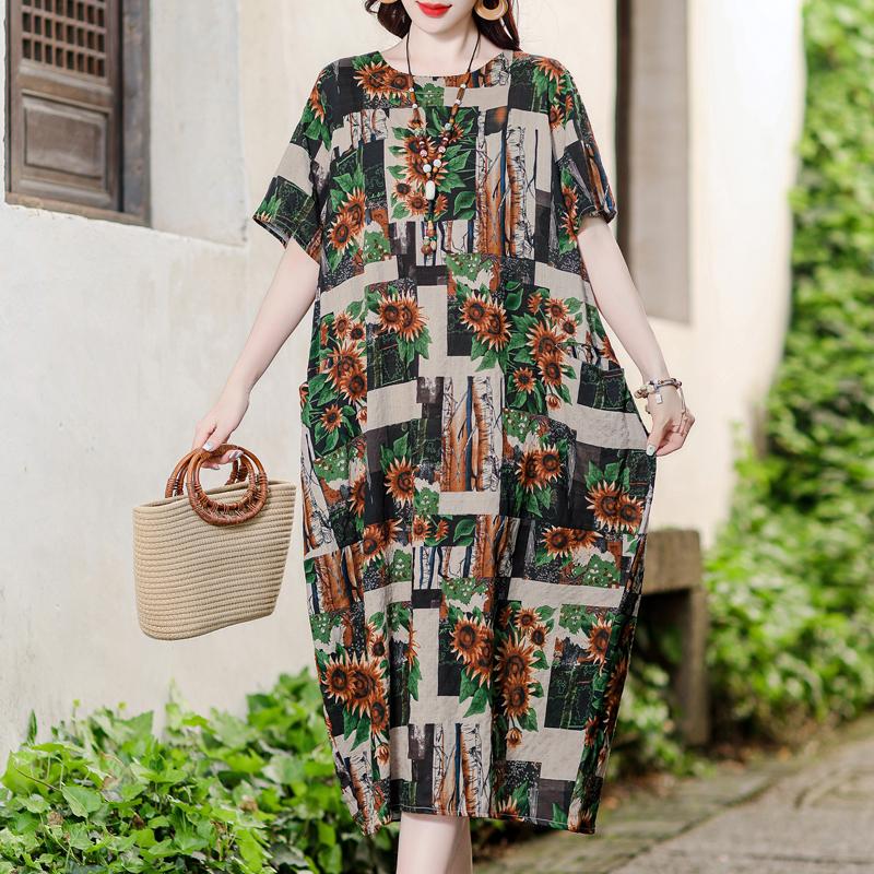Vintage potisk Dlouhé šaty pro ženy Nadměrná velikost Volný Krátký rukáv Móda Elegantní Dámské šaty Letní Vintage oblečení