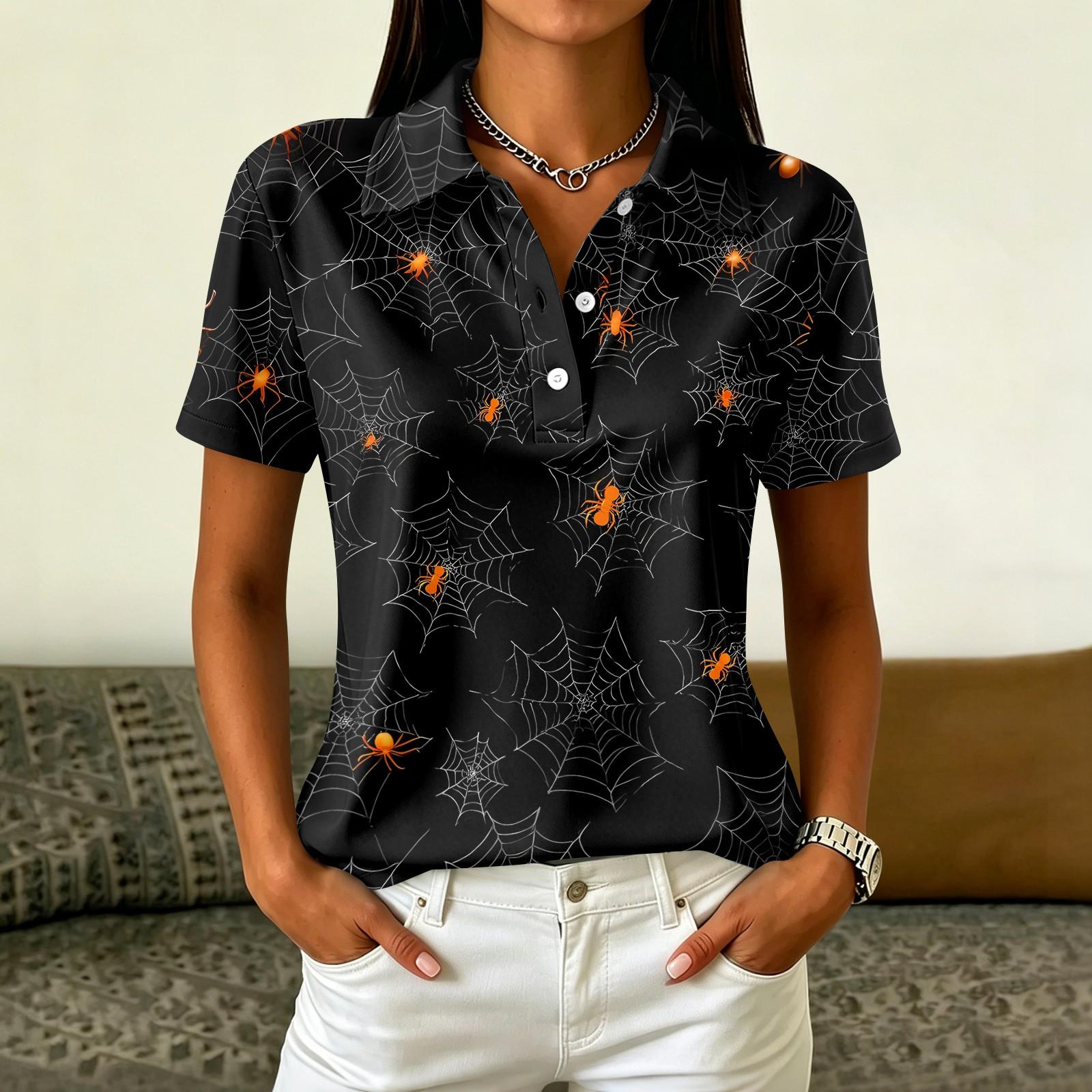 Women s Casual Button Short Sleeve Collar Top with Halloween Print L