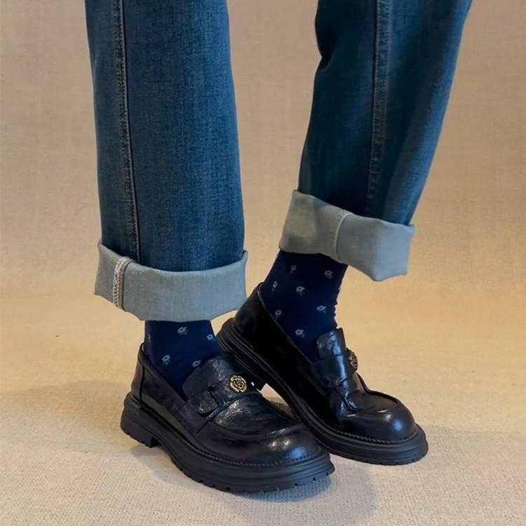 Cowhide version~ Retro camellia thick-heeled loafers women's leather round head one-pedal British style platform small leather shoes